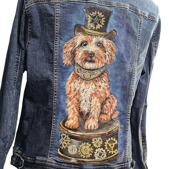 Steampunk Dog Handpainted On A Denim Jean Jacket - Picture 2 of 5